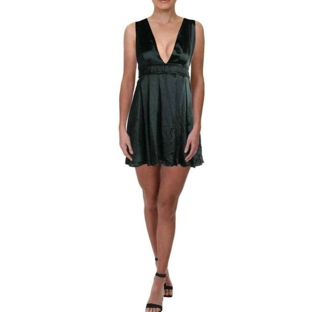 Lost + Wander Deep V Crinkle Satin Smocked Waist Mini‎ Dress Teal NWT Large